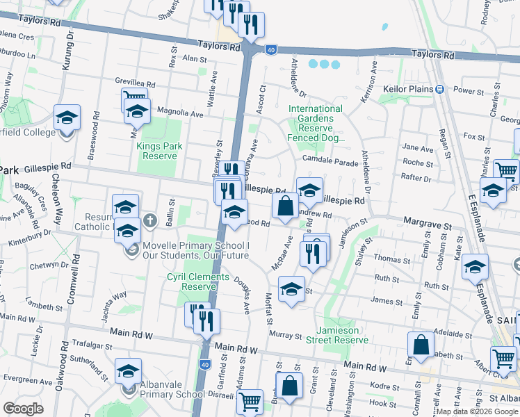 map of restaurants, bars, coffee shops, grocery stores, and more near 51 Andrew Road in Saint Albans