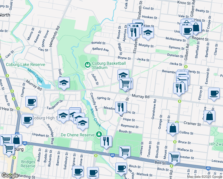 map of restaurants, bars, coffee shops, grocery stores, and more near 2A Jackson Parade in Coburg North