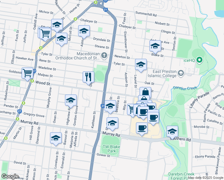 map of restaurants, bars, coffee shops, grocery stores, and more near 90 Wood Street in Preston