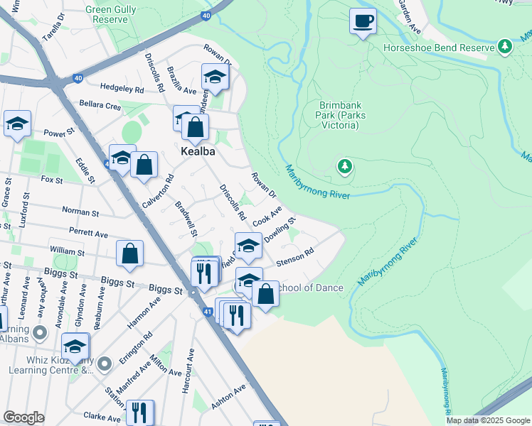 map of restaurants, bars, coffee shops, grocery stores, and more near 9 Cook Avenue in Kealba