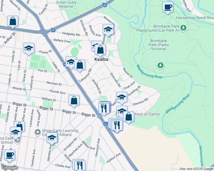 map of restaurants, bars, coffee shops, grocery stores, and more near 8 Luton Court in Kealba