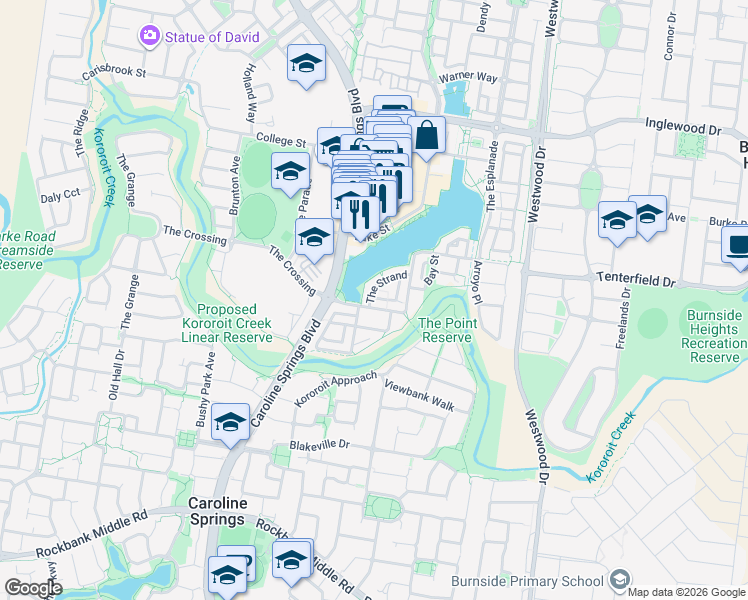 map of restaurants, bars, coffee shops, grocery stores, and more near 21 The Esplanade in Caroline Springs