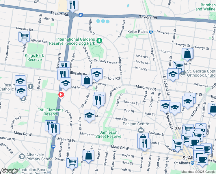 map of restaurants, bars, coffee shops, grocery stores, and more near 3 Andrew Road in St Albans