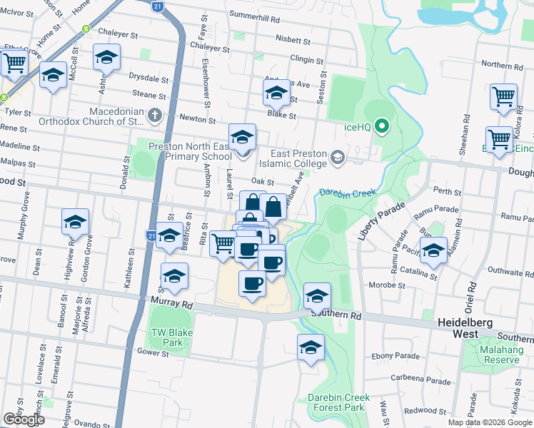 map of restaurants, bars, coffee shops, grocery stores, and more near 38 Wood Street in Preston