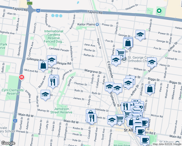 map of restaurants, bars, coffee shops, grocery stores, and more near 1-3 Margrave Street in Saint Albans