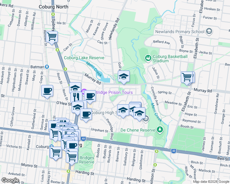 map of restaurants, bars, coffee shops, grocery stores, and more near 68 Quarry Circuit in Coburg