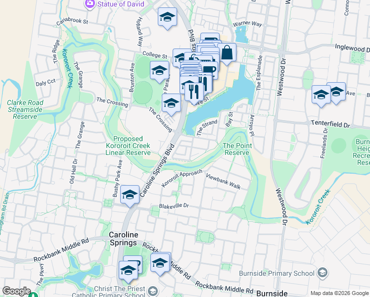 map of restaurants, bars, coffee shops, grocery stores, and more near 1 Kensington Street in Caroline Springs