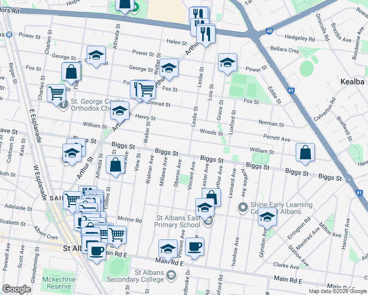 map of restaurants, bars, coffee shops, grocery stores, and more near 1 Leslie Street in St Albans