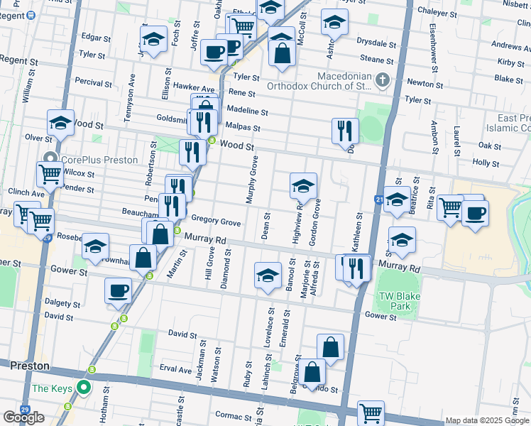 map of restaurants, bars, coffee shops, grocery stores, and more near 15 Sylvester Grove in Preston