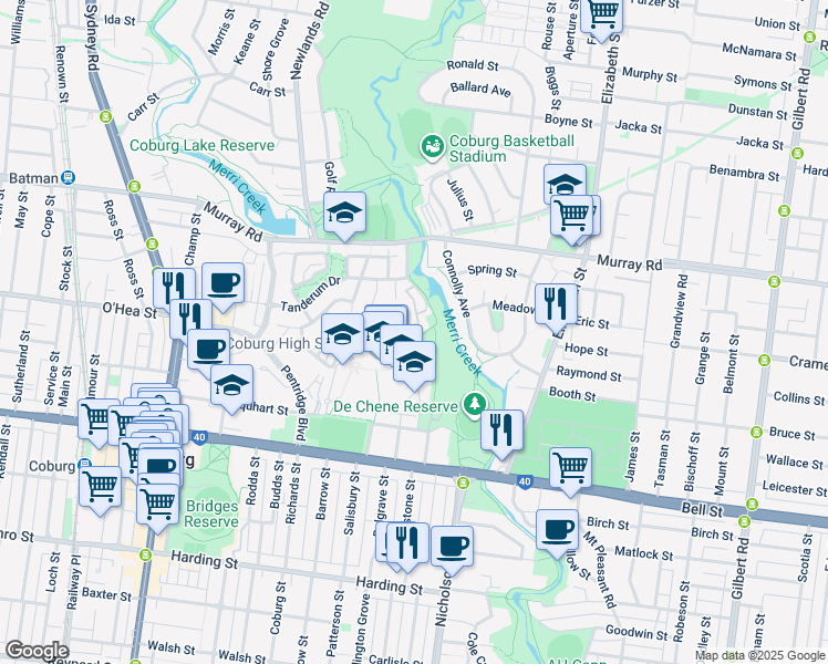 map of restaurants, bars, coffee shops, grocery stores, and more near 1 Manna Gum Court in Coburg
