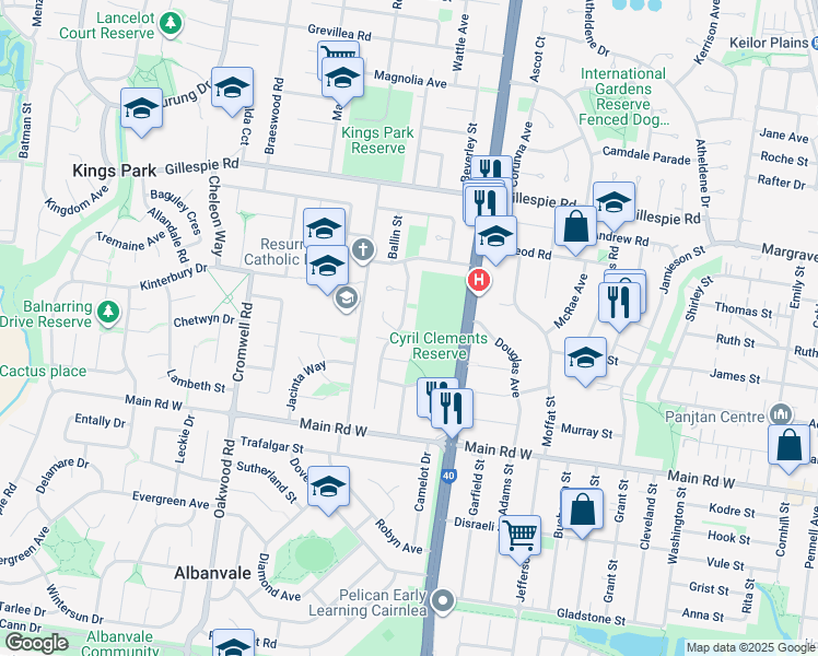 map of restaurants, bars, coffee shops, grocery stores, and more near 26 Nariel Road in Kings Park