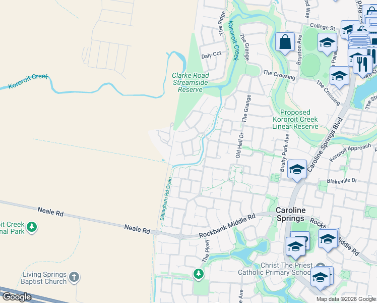 map of restaurants, bars, coffee shops, grocery stores, and more near 12 Hunts Cross Way in Caroline Springs