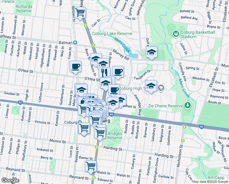 map of restaurants, bars, coffee shops, grocery stores, and more near 5 Wardens Walk in Coburg