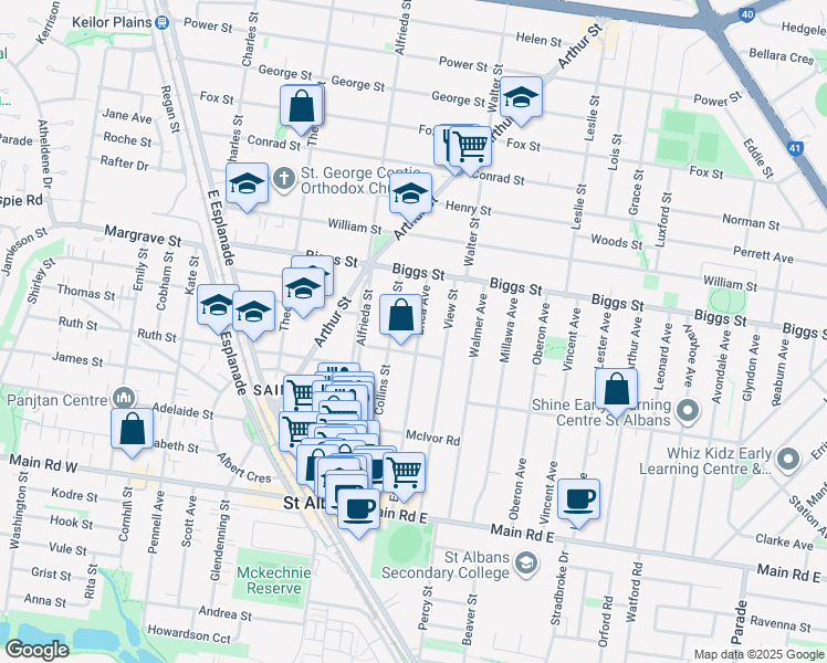 map of restaurants, bars, coffee shops, grocery stores, and more near 47 Erica Avenue in Saint Albans