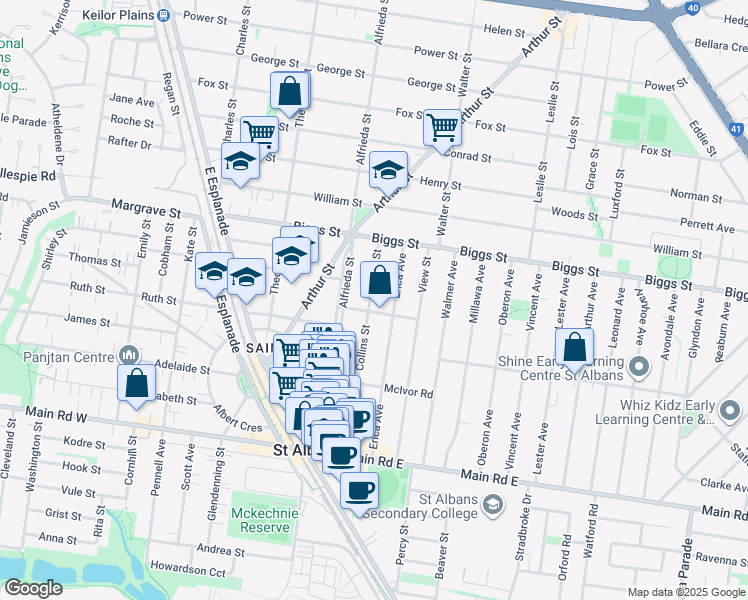 map of restaurants, bars, coffee shops, grocery stores, and more near 46A Collins Street in Saint Albans