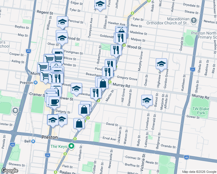 map of restaurants, bars, coffee shops, grocery stores, and more near 444 Plenty Road in Preston