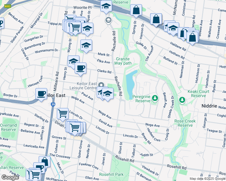 map of restaurants, bars, coffee shops, grocery stores, and more near 115 Rachelle Road in Keilor East