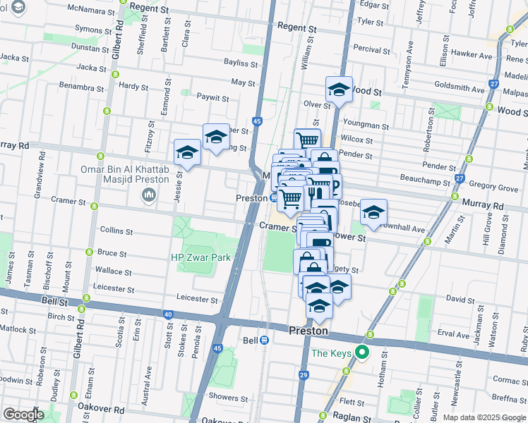 map of restaurants, bars, coffee shops, grocery stores, and more near 102 St Georges Road in Preston