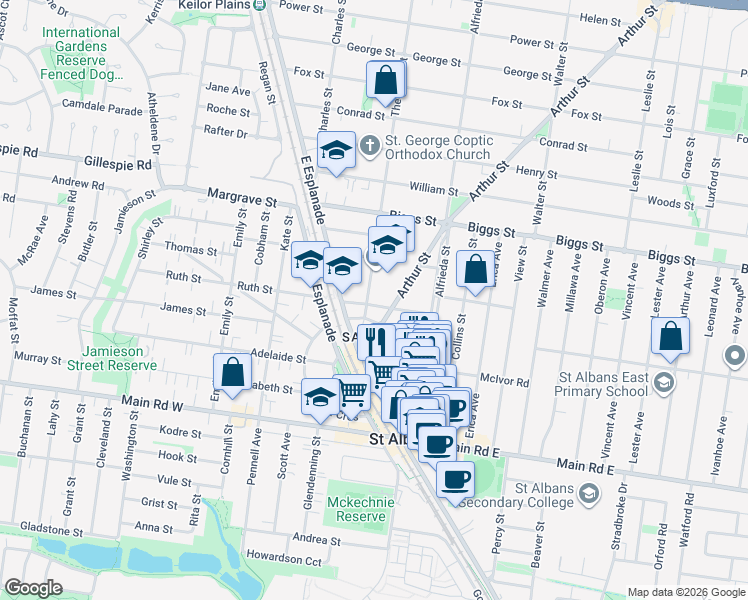 map of restaurants, bars, coffee shops, grocery stores, and more near 2 Theodore Street in Saint Albans