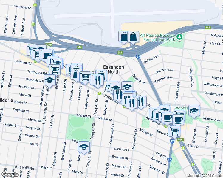 map of restaurants, bars, coffee shops, grocery stores, and more near 9A Oshannassy Street in Essendon North