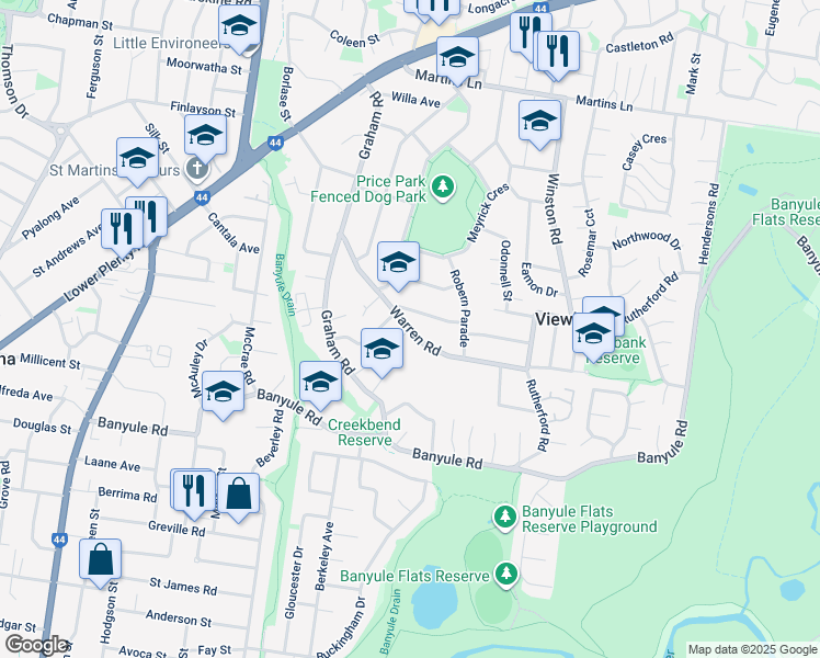 map of restaurants, bars, coffee shops, grocery stores, and more near Warren Road in Viewbank