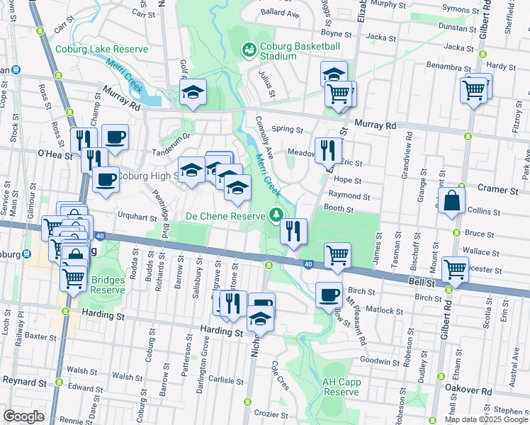 map of restaurants, bars, coffee shops, grocery stores, and more near 193 Urquhart Street in Coburg