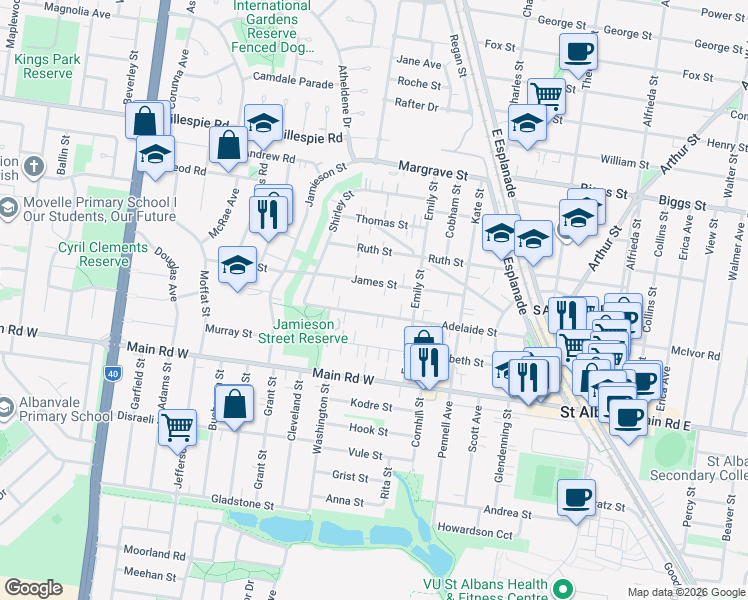 map of restaurants, bars, coffee shops, grocery stores, and more near 36 Adelaide Street in Saint Albans