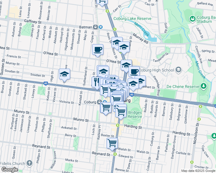 map of restaurants, bars, coffee shops, grocery stores, and more near 4 McKay Street in Coburg