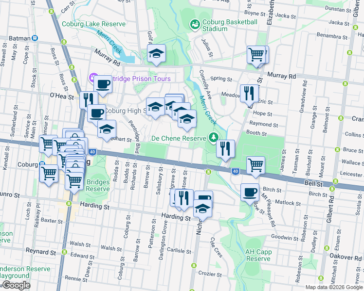 map of restaurants, bars, coffee shops, grocery stores, and more near 177 Urquhart Street in Coburg