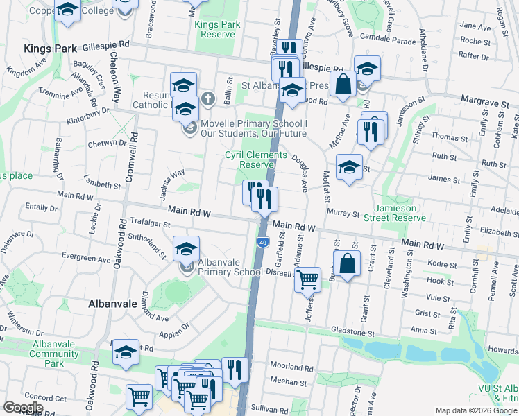 map of restaurants, bars, coffee shops, grocery stores, and more near 5 Kings Road in Kings Park