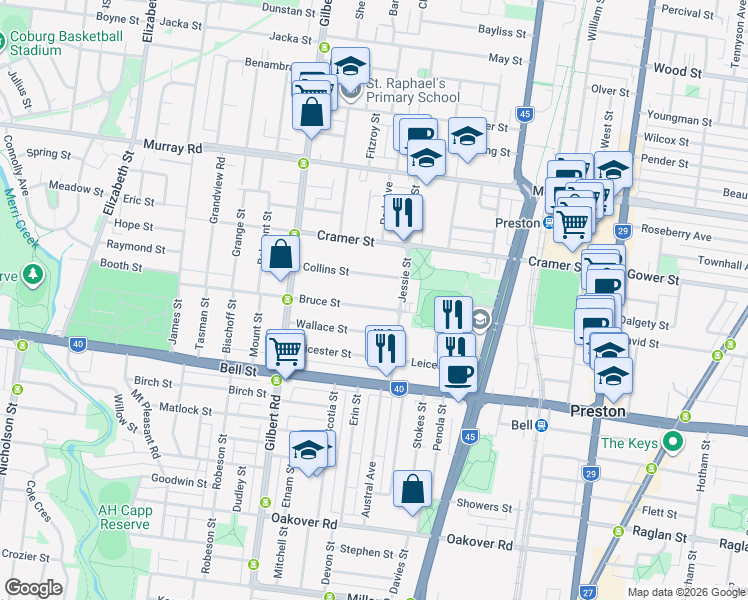 map of restaurants, bars, coffee shops, grocery stores, and more near 70 Bruce Street in Preston