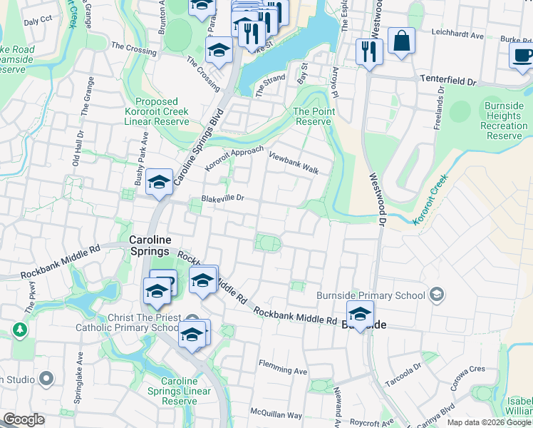 map of restaurants, bars, coffee shops, grocery stores, and more near 12 Braelands Close in Caroline Springs