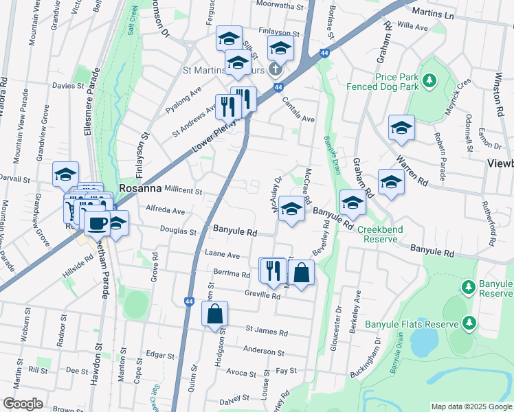 map of restaurants, bars, coffee shops, grocery stores, and more near 50 Coorie Crescent in Rosanna