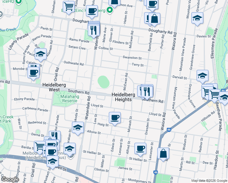 map of restaurants, bars, coffee shops, grocery stores, and more near 16 Shelley Street in Heidelberg Heights