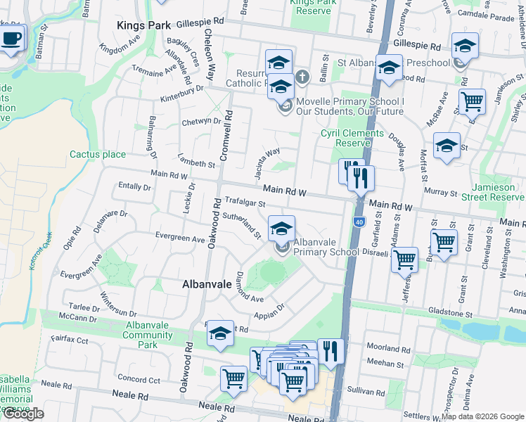 map of restaurants, bars, coffee shops, grocery stores, and more near 68 Dover Street in Albanvale