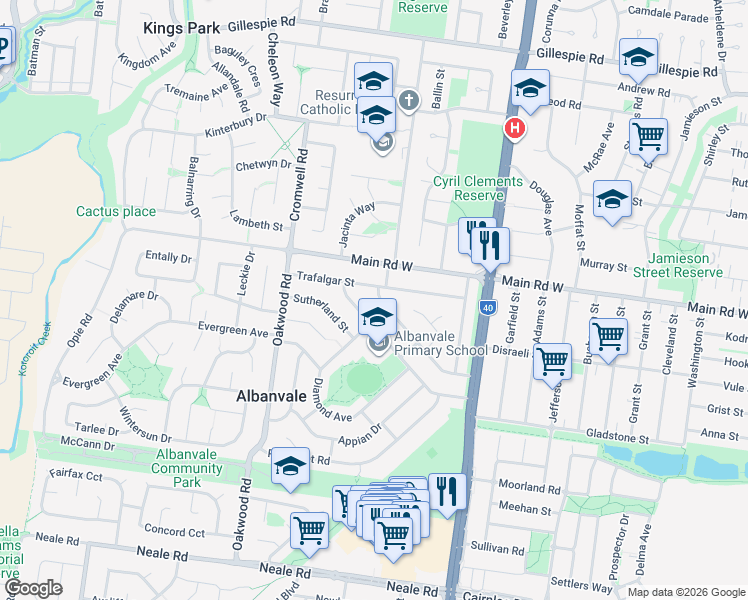 map of restaurants, bars, coffee shops, grocery stores, and more near 53 Robyn Avenue in Albanvale