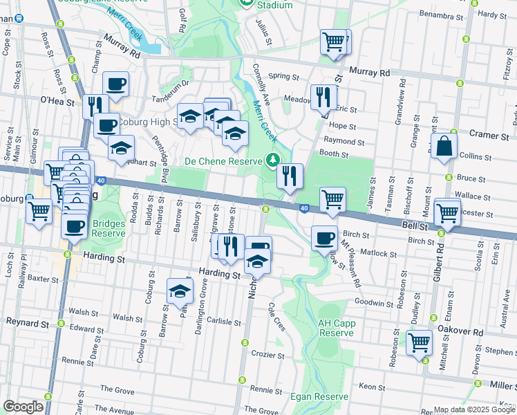 map of restaurants, bars, coffee shops, grocery stores, and more near 203 Nicholson Street in Coburg