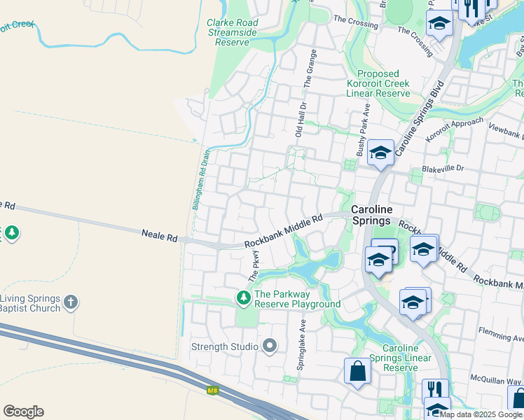 map of restaurants, bars, coffee shops, grocery stores, and more near 21 Netherton Place in Caroline Springs