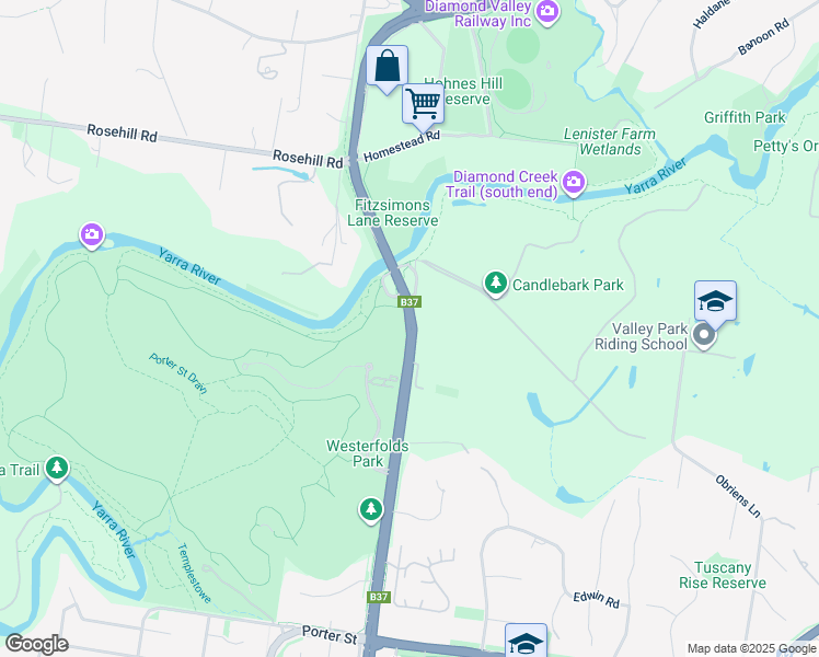 map of restaurants, bars, coffee shops, grocery stores, and more near Fitzsimons Lane in Templestowe