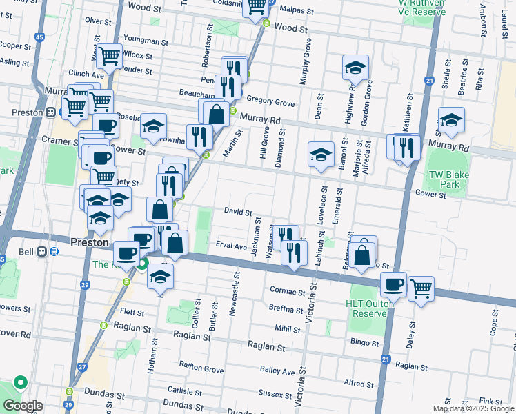 map of restaurants, bars, coffee shops, grocery stores, and more near 16 David Street in Preston