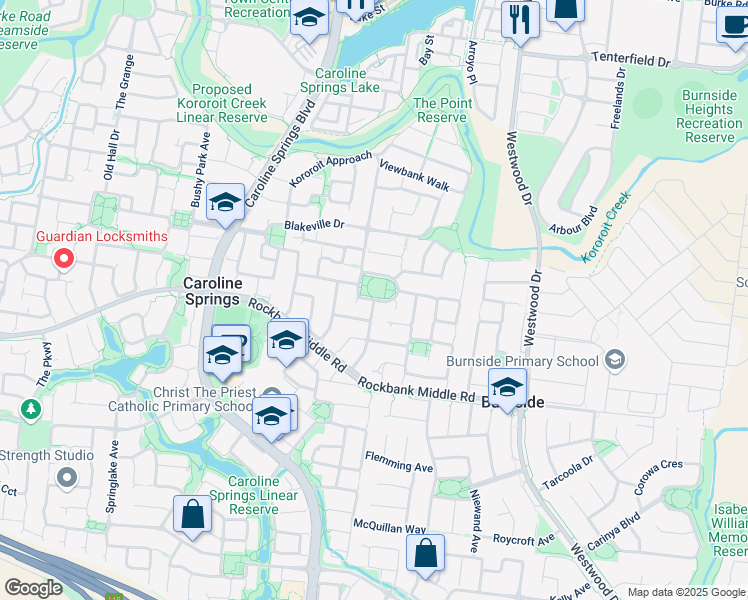 map of restaurants, bars, coffee shops, grocery stores, and more near Cobblestone Green in Caroline Springs