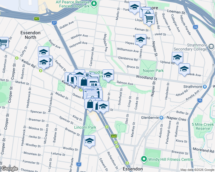 map of restaurants, bars, coffee shops, grocery stores, and more near 35 Warner Street in Essendon