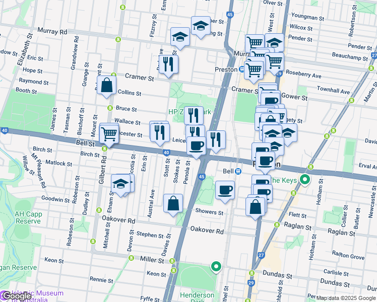 map of restaurants, bars, coffee shops, grocery stores, and more near 450 Bell Street in Preston