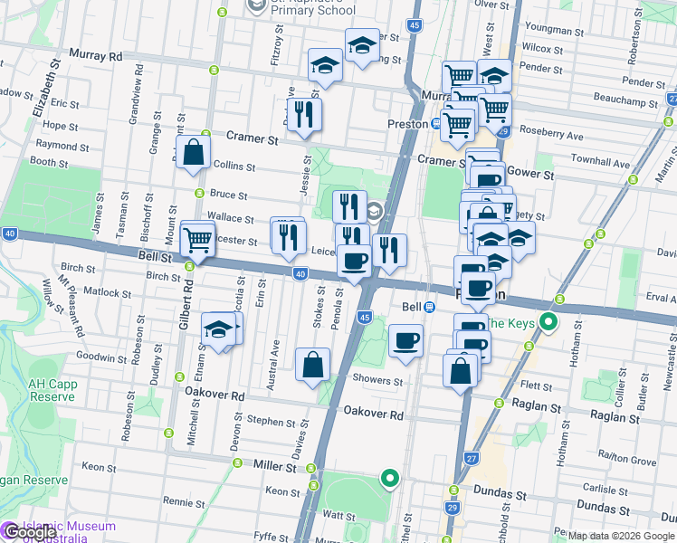 map of restaurants, bars, coffee shops, grocery stores, and more near 450 Bell Street in Preston