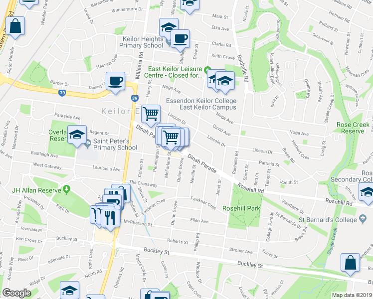 map of restaurants, bars, coffee shops, grocery stores, and more near Quinn Grove in Keilor East