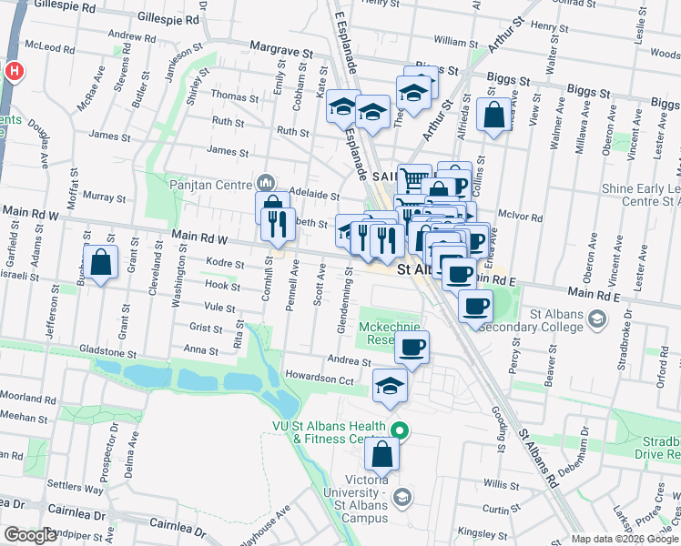 map of restaurants, bars, coffee shops, grocery stores, and more near 39 Glendenning Street in St Albans