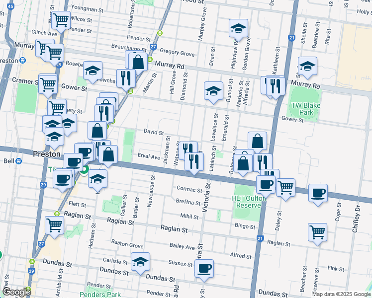 map of restaurants, bars, coffee shops, grocery stores, and more near 21 Okeefe Street in Preston