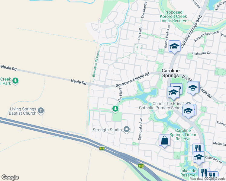 map of restaurants, bars, coffee shops, grocery stores, and more near 14 Simpson Place in Caroline Springs