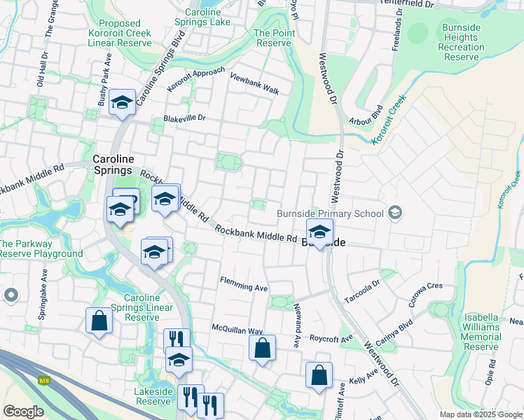 map of restaurants, bars, coffee shops, grocery stores, and more near Galloway Place in Caroline Springs