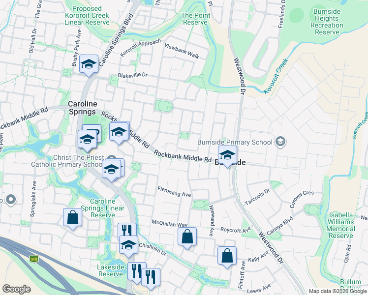 map of restaurants, bars, coffee shops, grocery stores, and more near 11 Herrington Turn in Caroline Springs
